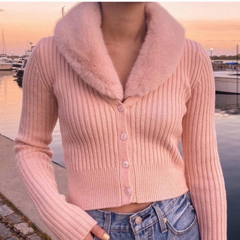Zara pink fur trim collar cardigan / jacket